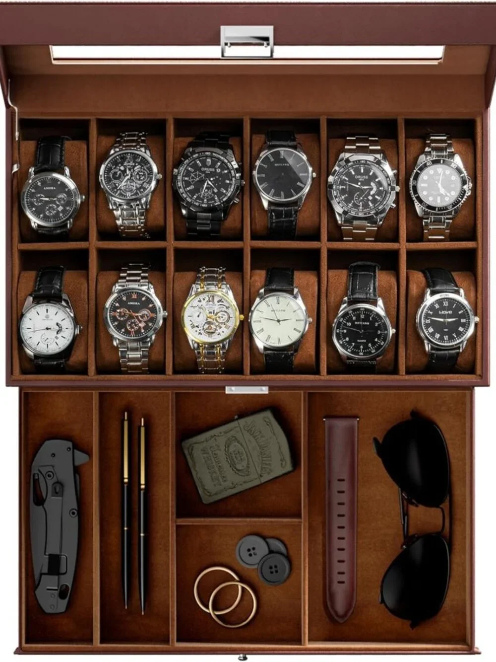 12-Slot Men's Watch Box Organizer with Drawer, Glass Lid - Perfect Gift for Dad